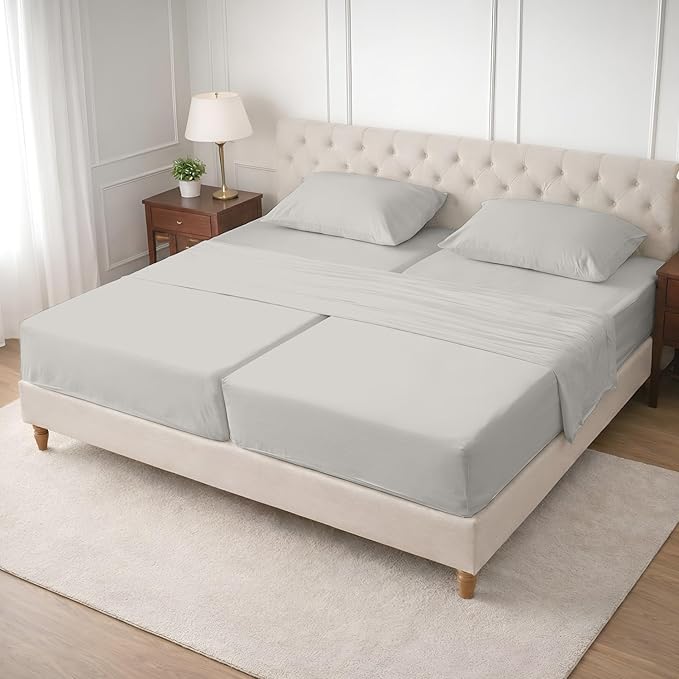 SGI Split King Sheet Set for Adjustable Bed Egyptian Premium Cotton 600 Thread Count Sheets for Sleep Number Bed 15" Deep Pocket 5 Pc Set with 2 Twin XL Fitted Sheets Soft Breathable -Light Grey
