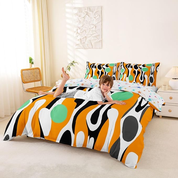Erosebridal Organic Abstract Duvet Cover Set Modern Contemporary Queen Bedding Set for Child Boys Boho Mid Century Wavy Lines Comforter Cover Retro Geometric Bed Sets,Orange Green