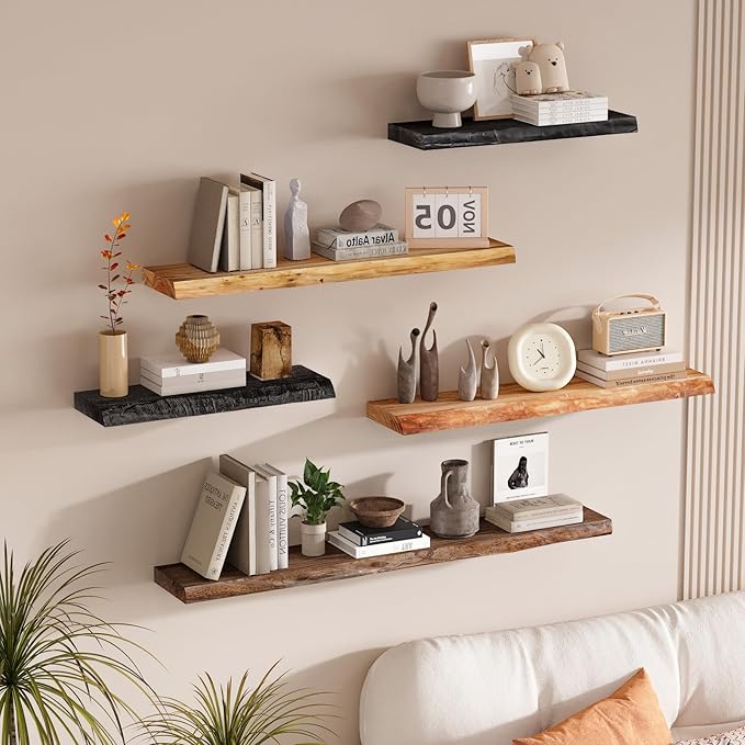 SAUMONIERES Live Edge Floating Shelves for Bedroom Living Room Wall Mounted Storage Long Natural Elm Wood Shelf Large Heavy Duty 8 Inch Deep, 48 inch Set of 1 Black Floating Shelf