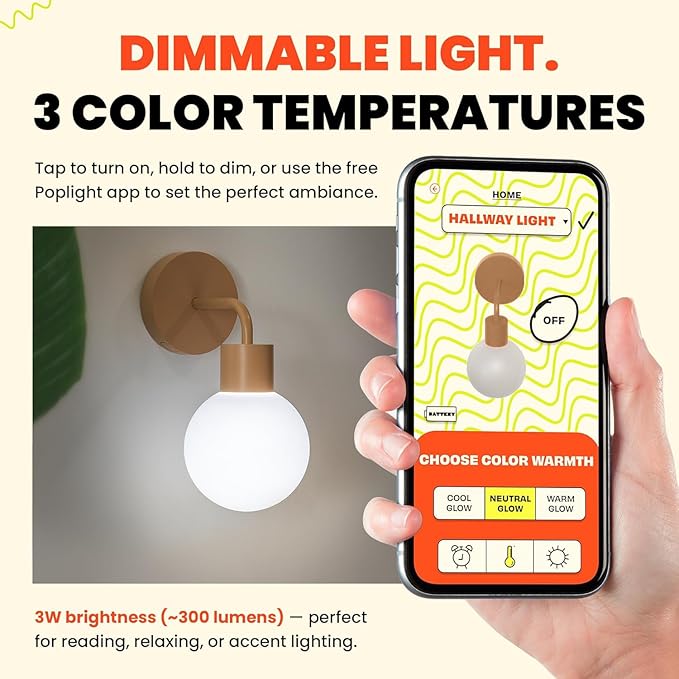 Wireless Wall Sconce (Shark Tank) Rechargeable & Dimmable LED Light w/App Control & Damage-Free Install, Moveable Modern Ambient Lighting for Elegant Home & Bedroom Decor | Mushroom
