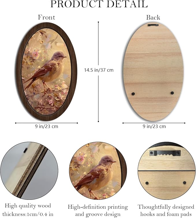 UYIKG Vintage Bird Floral Oval Wooden Wall Art Decor,Rustic Farmhouse Cottage Core Decor,Vintage Wall Decor for Theme Room Home Bedroom Living Room 9x14.6 in