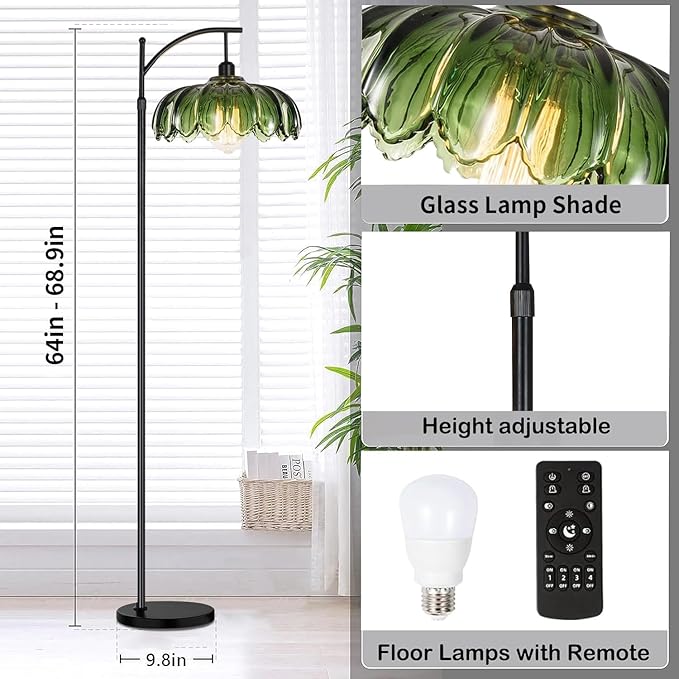 Glass Floor Lamp for Living Room,Bedroom,Mid Century Modern Standing Lamp with Remote,Dimmable Black Tall Lamp Lamp Vintage Retro Arc Floor Lamps Flower Floor Light Boho Bohemian