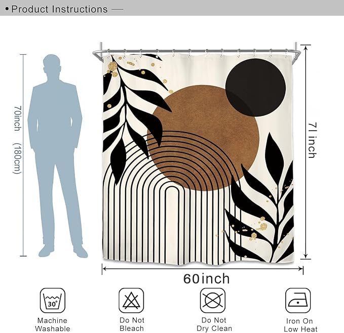 Miyotaa Abstract Minimalist Brown Black Shower Curtain Set 60Wx71H Inches Modern Aesthetic Contemporary Plant Leaves Neutral Geometric Mid Century Waterproof Bathroom Curtain with 12 Hooks