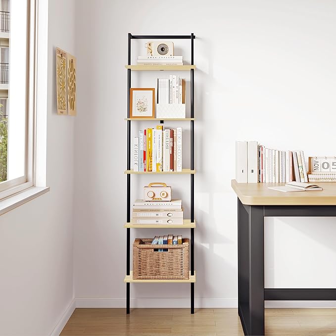 5-Tier Ladder Shelf, Wall Mounted Ladder Bookshelf with Metal Frame, Wood Tall Open Storage Rack and Display Shelves for Home Office Bedroom Living Room, Light Oak