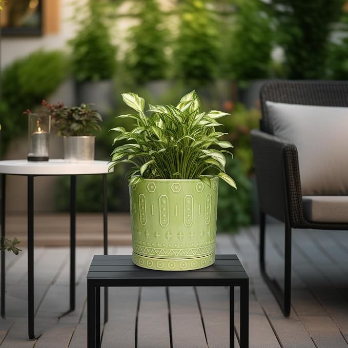 Eightpot 8 Inch Plant Pots - Ceramic Planter for Indoor Plants Outdoor, Round Ceramic Flower Pots with Drainage Hole and Saucer, Boho Decorative Planter, Home Bedroom Decor, Birthday Gifts, Green