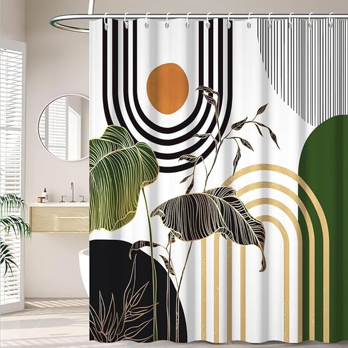 Mid Century Boho Shower Curtain for Bathroom Modern Abstract Minimalist Bathroom Decor Set Black Gold Leaf Sun Arch Bathtub Curtains Machine Washable Waterproof Polyester Fabric with Hooks 70x72 Inch