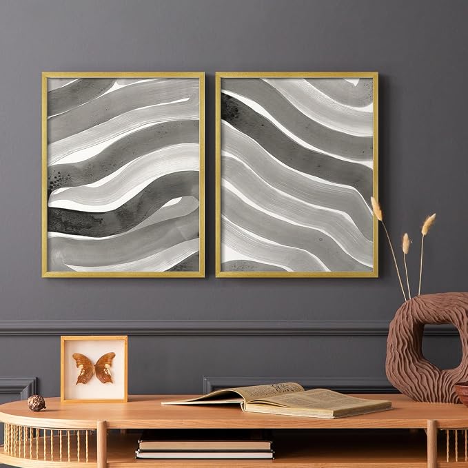 Renditions Gallery Set of 2 Peel & Stick Framed Prints, Watercolor Abstract Wall Art, Black and White Bold Brushstrokes Wall Decor, Re-Stickable - Ready to Hang - 11"x14" - GOLD Frame LT588