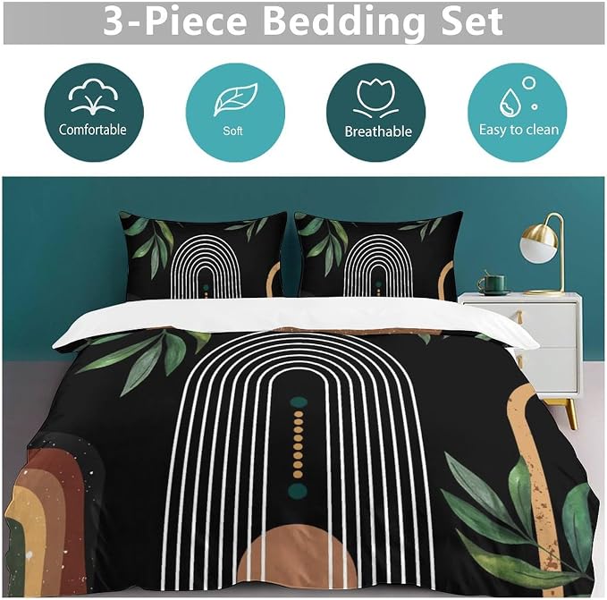 Mid Century Moon Phase Duvet Cover Sets Boho Modern Palm Leaves Arch Minimalist Printed Lightweight Soft Quilt Cover Soft Microfiber 3 Piece (1 Duvet Cover 90x102in + 2 Pillow Sham 20x30in)