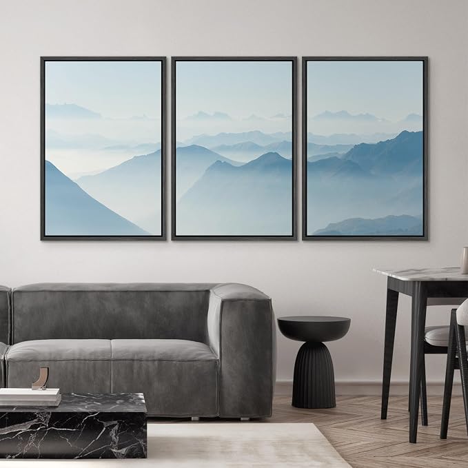 SIGNWIN 3 Piece Framed Canvas Wall Art Blue Sunset Canvas Prints Home Artwork Decoration for Living Room,Bedroom - 16"x24"x3 Black