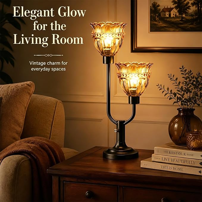 Lightdot Vintage Table Lamp for Living Room Dimmable Mid Century Modern Black Desk Lamp Amber Glass Nightstand Lamp 2 Bulbs Included Warmwhite Ambient Bedside Lamps for Bedroom Home Office Decor Gift
