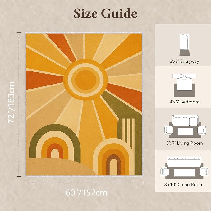 Golden Sunburst Area Rug 5x6, Mid Century Modern Retro Geometric Rug, 70s Style Abstract Washable Low Pile Non Slip Rug for Living Room Bedroom