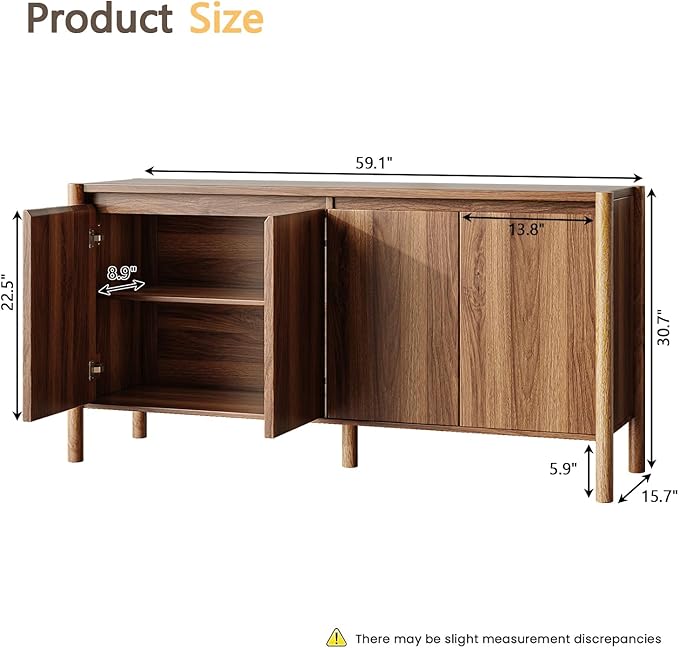 CHUWELL Walnut Sideboard Buffet Cabinet - 59" Mid Century Buffet Storage Cabinet with 4 Doors, Adjustable Shelves, and 4 Solid Wood Round Legs- Coffee Bar Table for Kitchen