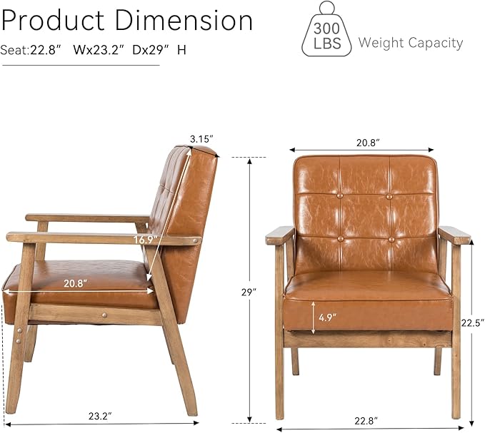 Okeysen Accent Chairs Set of 2 with Side Table, Mid Century Modern Accent Chair, Retro Wood and Leather Armchairs Side Chair, Lounge Reading Comfy Armchair for Living Room, Bedroom, Office（Brown