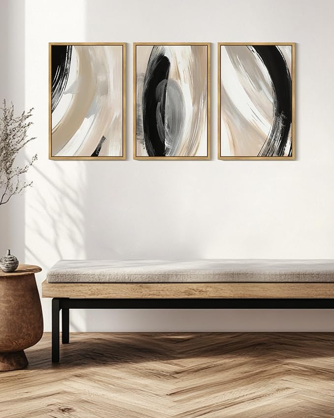 KUVIOKE Black Abstract Framed Wall Art Neutral Minimalist Graffiti Pastel Wall Decor Modern Illustration Art Painting for Bedroom Dining Room 16x24in (Natural Framed)