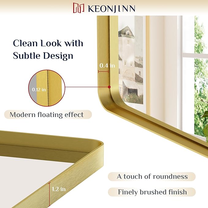 Keonjinn Gold Bathroom Mirrors for Over Sink, 22” x 30” Rounded Rectangle Brushed Gold Vanity Mirror, Anti-Rust Brass Mirror with HD Tempered Glass, Decorative Farmhouse Mirrors, Horizontal/Vertical