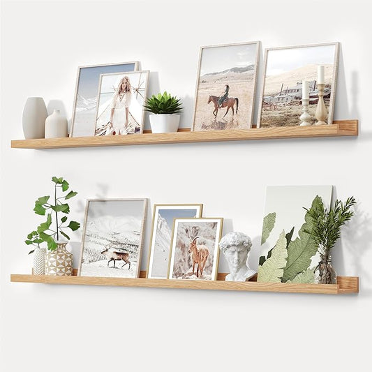 Vivelove Oak Picture Ledge Shelf,Floating Wall Mounted Shelves, Black Shelves for Wall Decor, Modern Picture Ledge Shelf with Lip for Storage, Bedroom, Living Room, Bathroom,Nursery Display