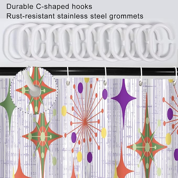 Mid Century Shower Curtain, 48x72inch, Modern Abstract Retro Purple Striped Geometric Shower Curtain Sets 1950s Boho Bathroom Shower Curtain with 8 Hooks