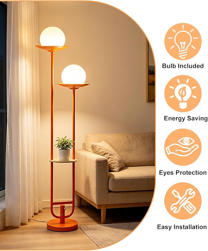 Orange Dimmable Double Globe Floor Lamp with Shelf, 63" 2-Light Mid Century Modern Standing Lamp for Living Room Bedroom, 3000K Warm White Tall Pole Lamp with Foot Switch for Home Office