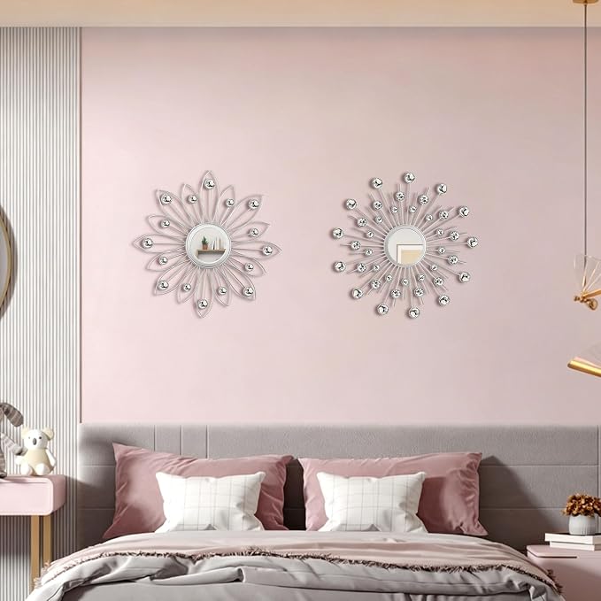 2 Pack Metal Mirrors for Wall Boho Sunburst Wall Mirror Home Decor Modern Decorative Wall Art for Bedroom Living Room Entryway