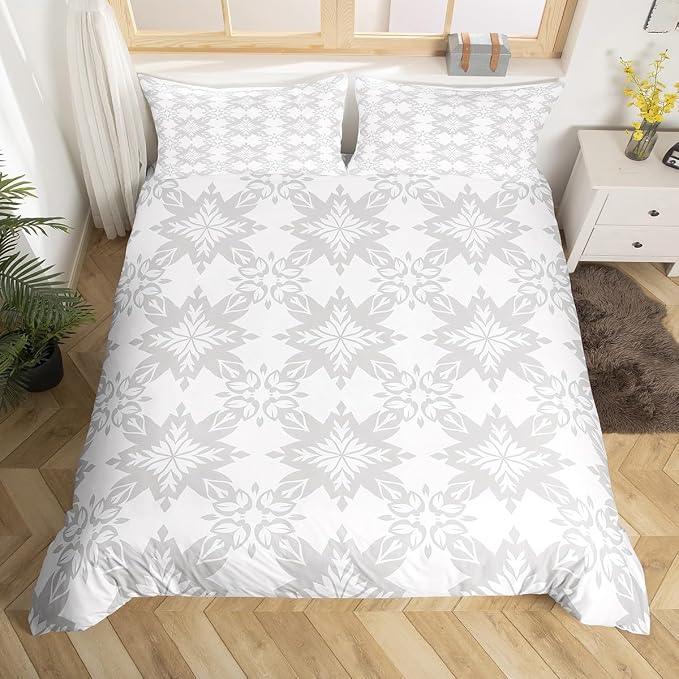 Grey Geometric Floral Duvet Cover Queen for Kids Teens Adults,Classical Damask Flower Comforter Cover,Retro Vintage Art Bedding Set,Mid Century Aesthetic Bed Set with 2 Pillowcases Bedroom Decor