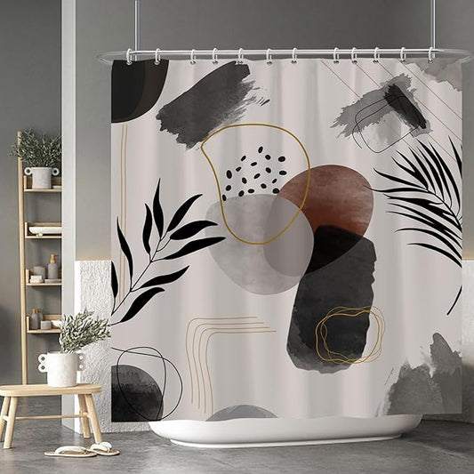 Baocicco Boho Shower Curtain Black Grey Plants Leaves Mid Century Modern Abstract Curtains Decorative for Bathroom Waterproof Fabric with Hooks 72x72 Inches, 72.00/'' x 72.00/''