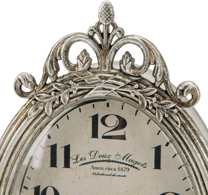 NIKKY HOME Small Vintage Table Clock, Silent Elegant Silver Desk Clock | Non-Ticking Battery-Operated Metal Decorative Shelf Clock, Perfect for Living Rooms, Offices, Shelves, Mantels