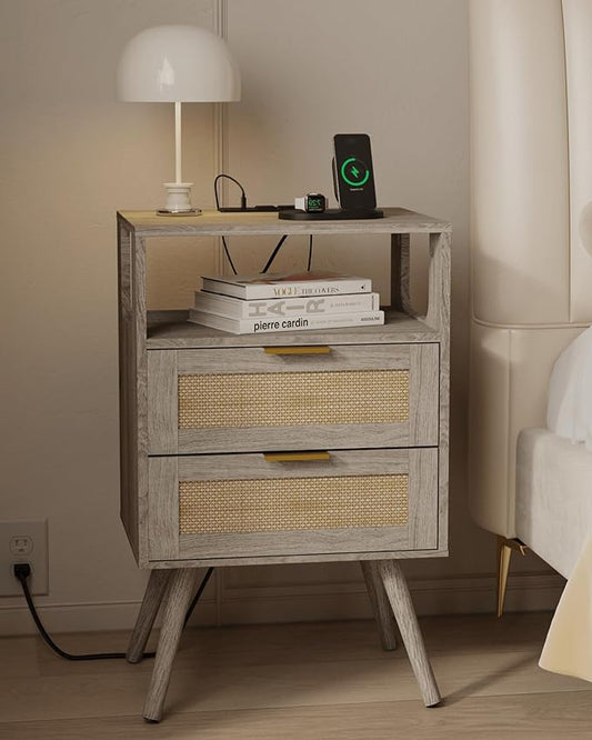 Rattan Nightstand with Charging Station,Farmhouse Bedside Table with 2 Storage Drawer and Open Wood Shelf, for Bedroom and Small Spaces,Night Stand with Solid Wood Legs (Grey Oak-Outlet)