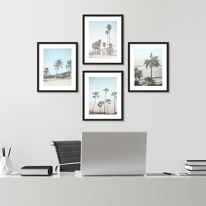 SIGNWIN Framed Washed Out Tropical Island Wall Art, Set of 4 Island Palm Tree Beach Landscapet Wall Decor Prints, Nature Wilderness Wall Décor for Living Room, Bedroom - 12"x16" Black