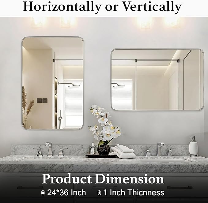 Bathroom Mirror Brushed Nickel, 24 x 36 Inch Metal Frame Rectangle Mirror Rounded Silver Modern Vanity Mirror Anti-Rust for Bathroom, Farmhouse Wall Mounted Vertically/Horizontally