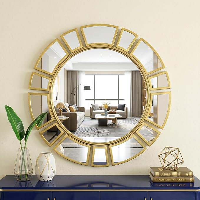 CozyDH Gold Sunburst Mirror Decor - 24 inch Round Wall Mirror Decorative with Metal Frame Modern Bohemian Sun Art Decor Mirror for Entryway Bedroom Living Room Hallway Bathroom Dining Room Fireplace