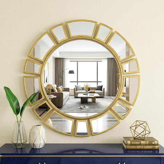 CozyDH Gold Sunburst Mirror Decor - 24 inch Round Wall Mirror Decorative with Metal Frame Modern Bohemian Sun Art Decor Mirror for Entryway Bedroom Living Room Hallway Bathroom Dining Room Fireplace