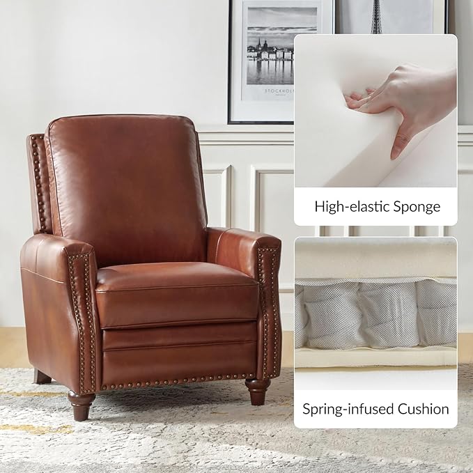 HULALA HOME Genuine Leather Manual Recliner Chair,Classic Push Back Reclining Armchair Sofa with Thick Seat, Adjustable Backrest & Nailhead Trim for Living Room Home Theater (Brown)