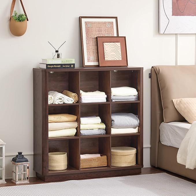 9 Cube Bookshelf, 41" Tall Organizer Bookcase with Curved Edge, Wood Floor Standing 3-Tier Cubby Book Shelf with Base, Vintage Display Storage Cabinet for Living Room, Home Office, Walnut