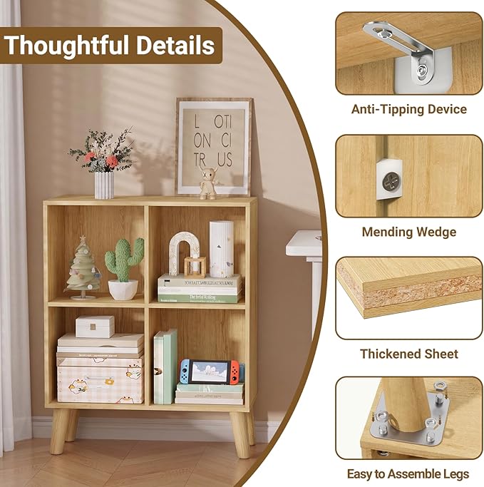 4 Cube Storage Organizer with Legs, 2 Tier Cube Low Bookcase Freestanding Storage Display Organizer for Home Office, Four-Cubes Open Shelf Short Bookshelf (Natural Oak, 4 Cube)