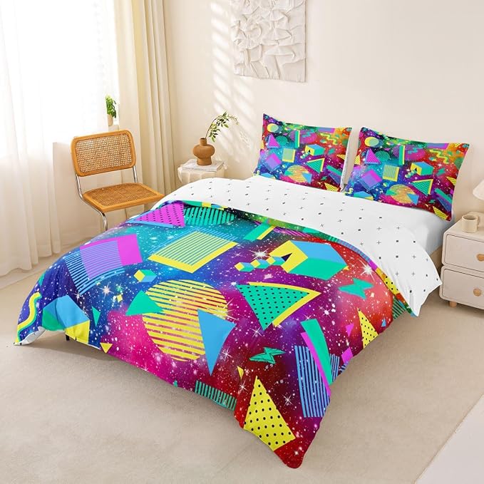 80s 90S Fashion Style Bedding Set Twin Size,Retro Memphis Style Pattern with Geometrical Shapes Duvet Cover for Kids Child,Funky Hipster Old Fashioned Comforter Cover Geometric Bedroom Decor