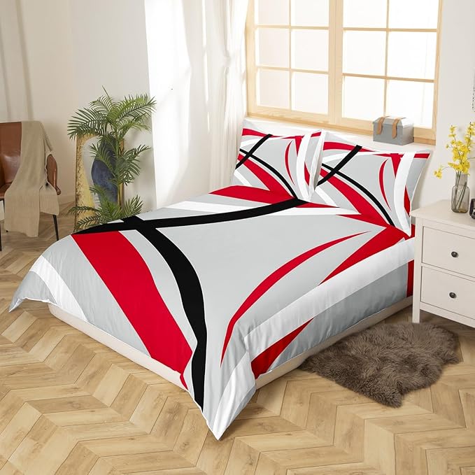 Geometric Circle Duvet Cover Modern Retro Grommet Bedding Set for Kids Boys Girls Decor Grey Red Black White Stripes Comforter Cover Abstract Stripe Line Art Bed Set 3Pcs King Size (No Comforter)