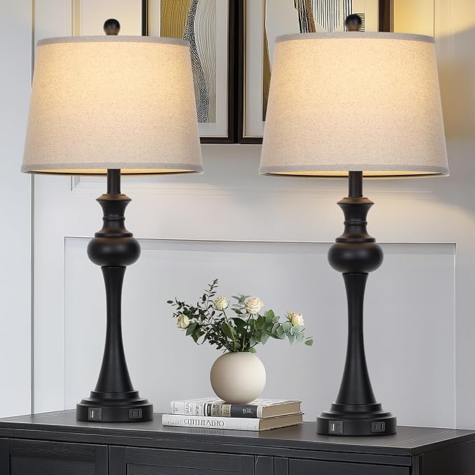 28.75 " 3-Way Touch Control Modern Table Lamp Set of 2 for Living Room , Bedside Lamp with USB A+C Ports, Mid Century Black Table Lamps, Nightstand Lamps Set ,Beige Fabric Shade Vintage Accent Style