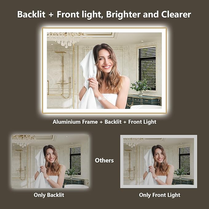88x38 Inch LED Bathroom Mirror with Lights (Front Lit and Backlit) Gold Framed Lighted Vanity Mirror for Bathroom Wall Dimmable Anti-Fog Memory Tempered Glass Horizontal/Vertical