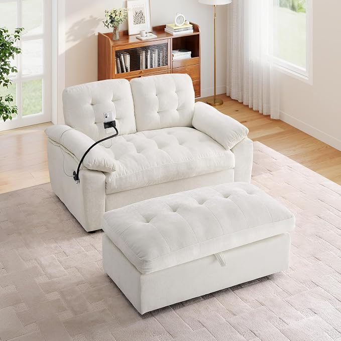 Oversized Chaise Lounge Chair Indoor with Ottoman&Adjustable Backrest,Chenille Tufted Recliner Comfy Loveseat Sofa Chair with USB&Phone Holder,Convertible Sleeper Couch Bed for Living Room(56"W,Beige)