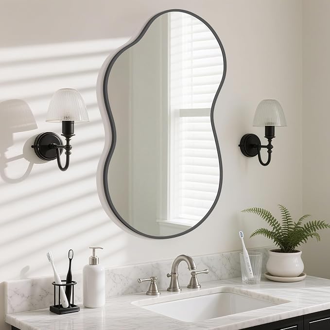 HOMECOOKIN 36" H x 20" W Irregular Wall Mirror, Asymmetrical Decorative Mirror with Black Aluminum Frame, Wavy Abstract Black Mirror, for Living Room, Bedroom, Bathroom, Entryway, Cloakroom