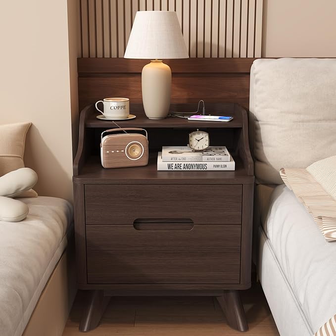 Nightstand with Charging Station, 21" Tall Nightstand w/2 Storage Drawers, Wood Night Stand with Hidden Handle, 17'' Wide Modern Bedside Table for Bedroom, Brown