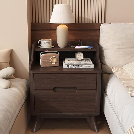 Nightstand with Charging Station, 21" Tall Nightstand w/2 Storage Drawers, Wood Night Stand with Hidden Handle, 17'' Wide Modern Bedside Table for Bedroom, Brown