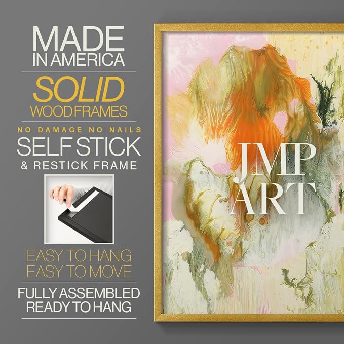 Renditions Gallery Set of 2 Peel & Stick Framed Prints, Modern Abstract Wall Art, Mix Color Oil Paint Design Wall Decor, Re-Stickable - Ready to Hang - 16"x20" - GOLD Frame LT588