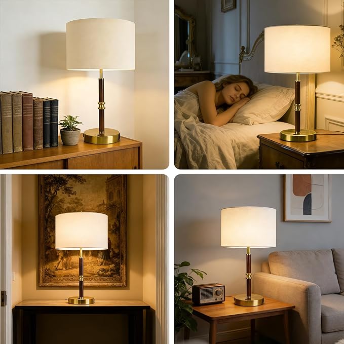 Desk Lamp with Dual USB Ports, 19.3" Wood & Metal Table Lamp for Bedroom & Living Room, Bedside Lamp with Linen Shade, Home Decor (Bulb Not Included)