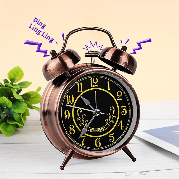 pxy Retro Alarm Clock for Heavy Sleepers 3D Dial Battery Operated (Battery Include), 4" Super Silent Analog Alarm Clock for Kids with Night Light PT260 Silver OrangePT258-6 Red Copper