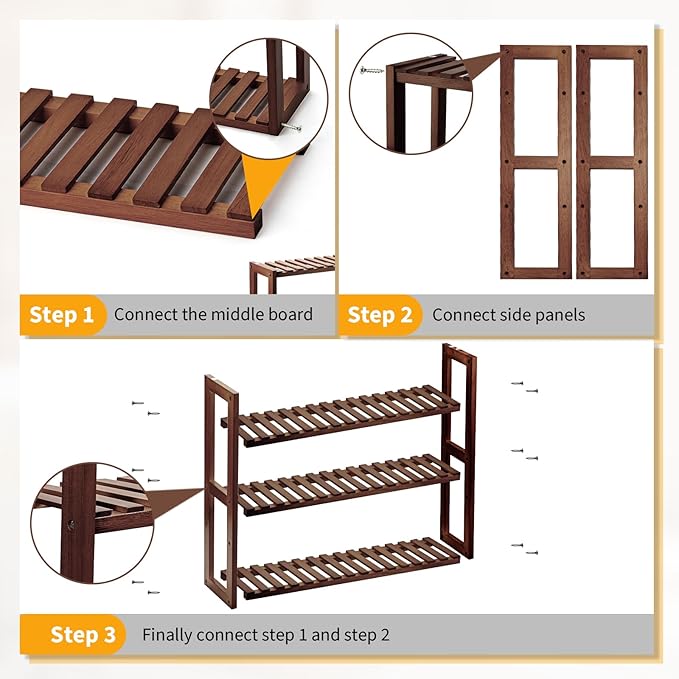 Wood Bathroom Shelf, 3-Tier Adjustable Shoes Rack&Plants Rack, Wall-Mounted or Stand for Living Room (Walnut)