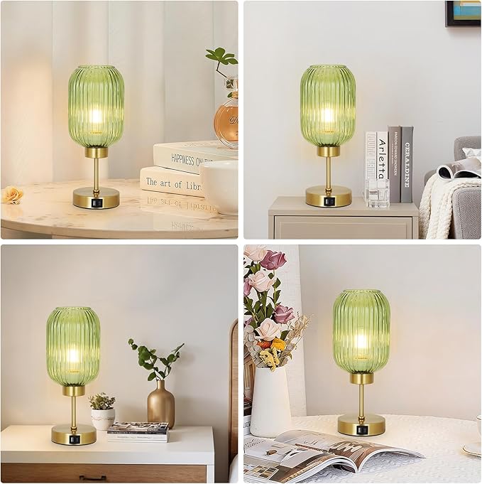 Vintage Table Lamp for Bedroom with Bulb, Small Green Glass Beside Lamp with USB Ports, 3 Way Dimmable Gold Desk Lamp, Mid Century Modern Nightstand Lamp for Living Room, Office, Home Decor