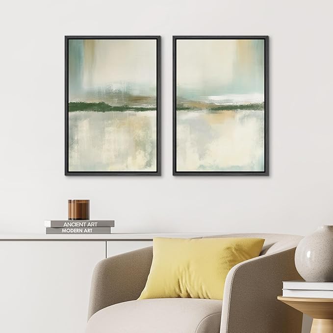 IDEA4WALL Framed Canvas Print Wall Art Set Serene Lake Landscape Abstract Illustrations Modern Art Decorative Coastal Cottage Seascape for Bedroom - 24"x36"x2 Black