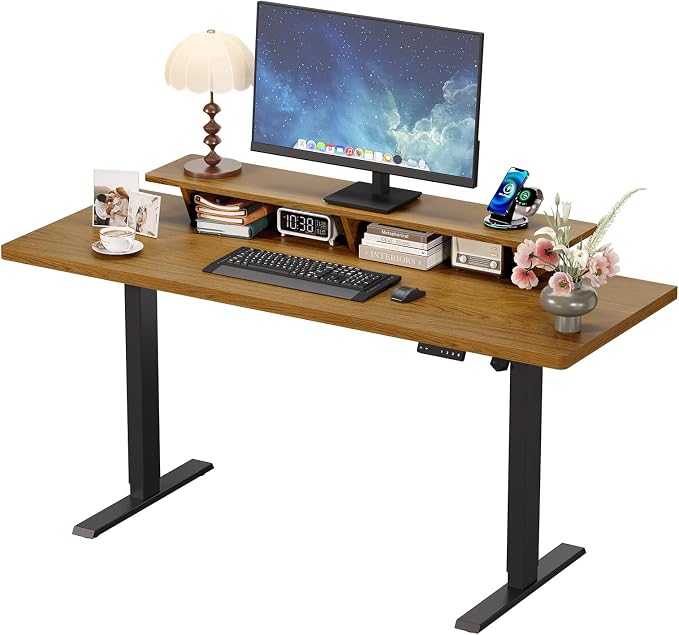 55 x 24 Inches Electric Standing Up Desk with Monitor Shelves,Height Adjustable Computer Desk from 28-46''with Memory Controller,Modern Home Office Desk for Work,Study,Oak Brown