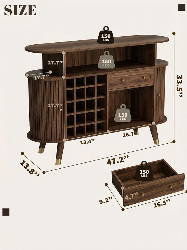 Loomie Wine Bar Cabinet with LED Light, Mid Century Modern Liquor Cabinet– 20-Bottle Rack, Glass Holder & Drawer, Buffet Sideboard, Coffee Bar Cabinet (Walnut)